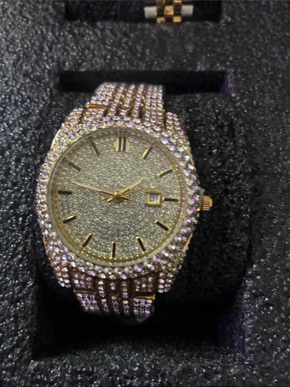 Mens Gold-Tone Crystal Pavé Watch